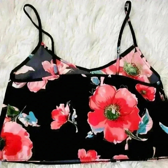 Joyce cropped tank top black and pink floral size medium Y2k Style Cami - Picture 4 of 9